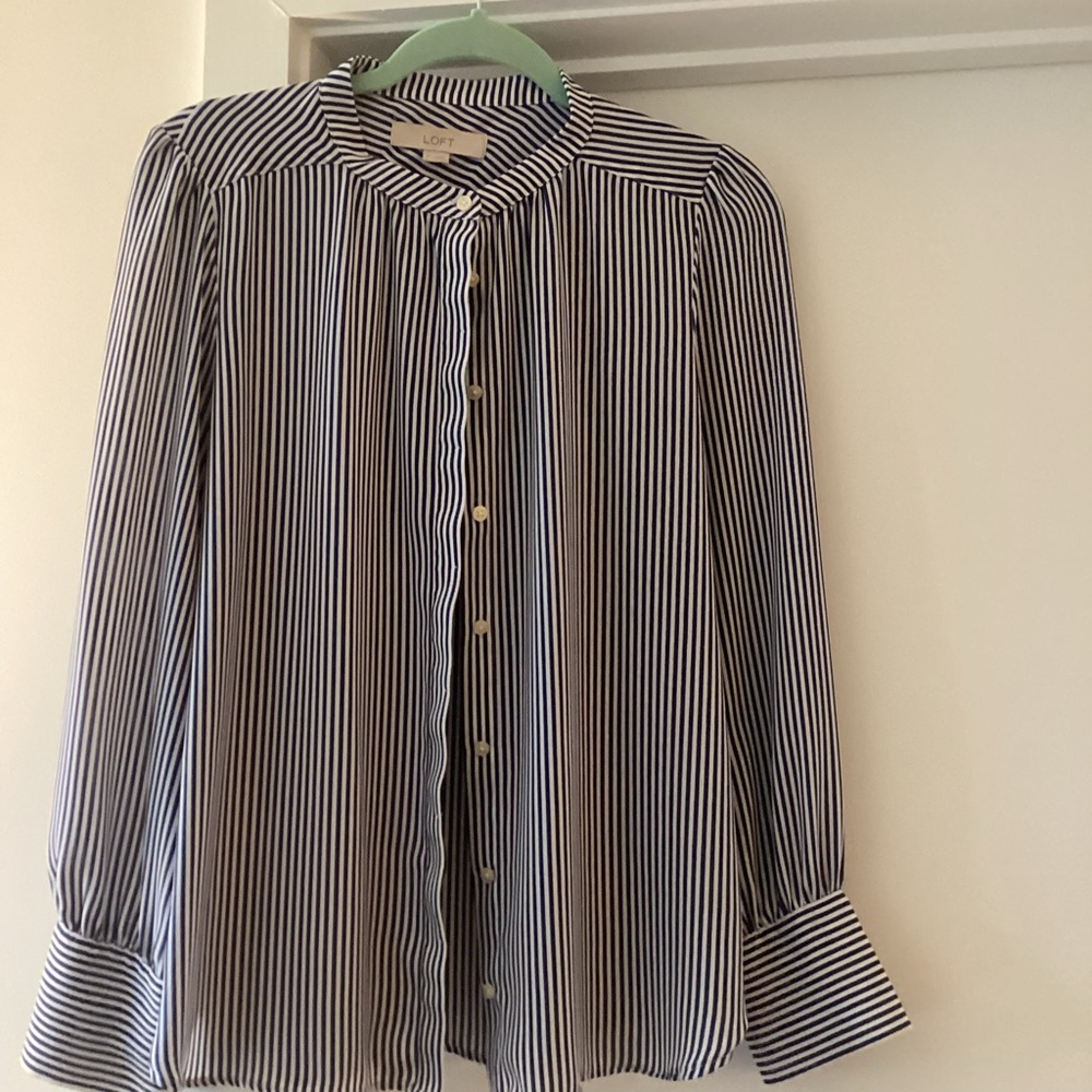 LOFT Blue and White vertical Striped Blouse with wide cuff.